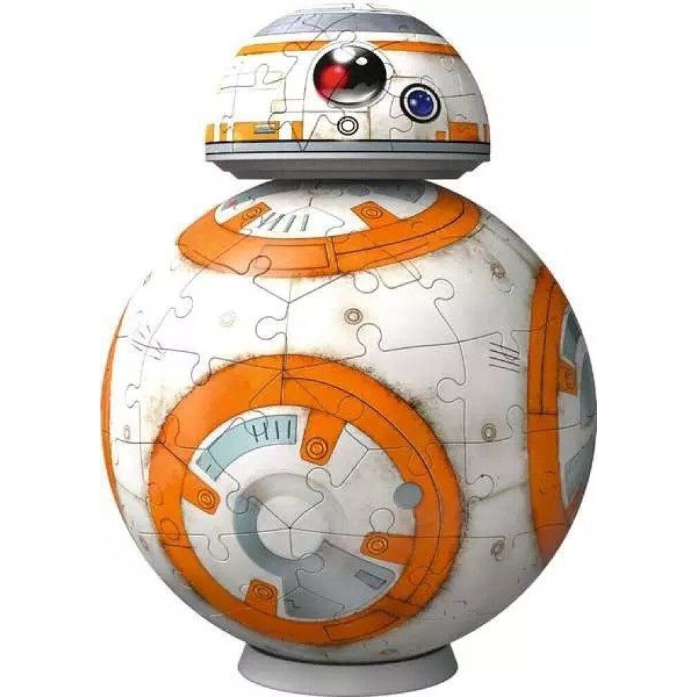 Puzzle 3D BB-8 assemblato. Pezzi bianchi, arancioni e grigi formano BB-8. Forma rotonda con dettagli.