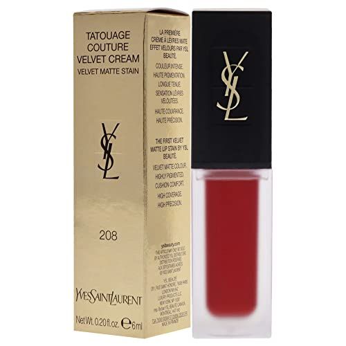 Yves Saint Laurent Tatouage Couture Velvet Cream. Prodotto e confezione. Scritta dorata su sfondo nero. Numero colore 208.
