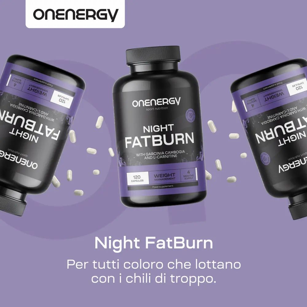 Tre flaconi Night FatBurn e capsule. Testo: Night FatBurn. Per tutti coloro che lottano con i chili di troppo.