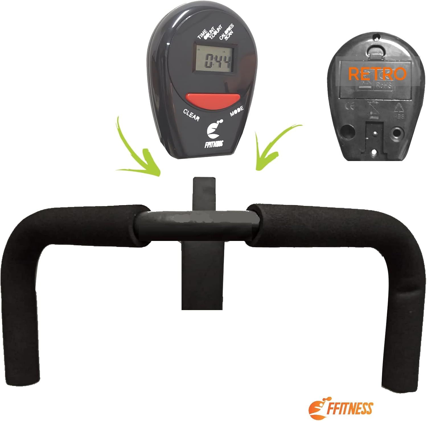 Manubrio nero con impugnature in schiuma, display e retro del display. Logo FFitness.