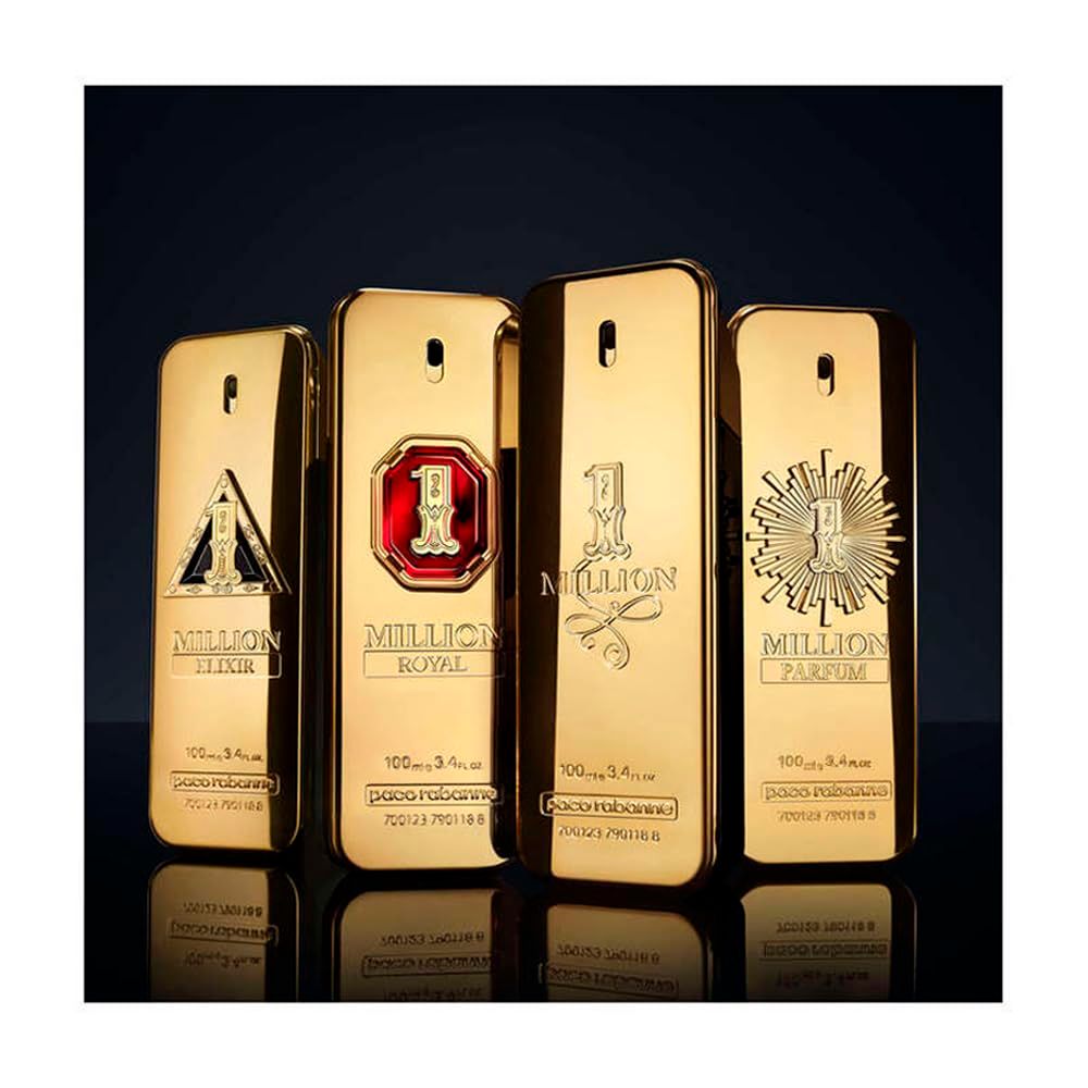 Quattro flaconi dorati. Diversi design, tra cui '1 Million Elixir', 'Royal' e 'Parfum'.