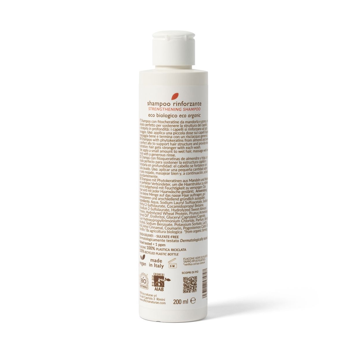 Flacone di shampoo con tappo bianco. Testo in italiano. Scritto: Shampoo rinforzante. Eco biologico. 200 ml.