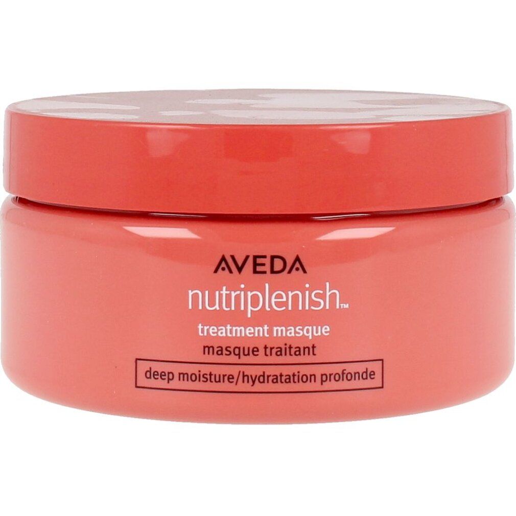 Barattolo rotondo color corallo con coperchio. Scritta: Aveda Nutriplenish, Treatment Masque, Masque Traitant, Deep Moisture/Hydratation Profonde.