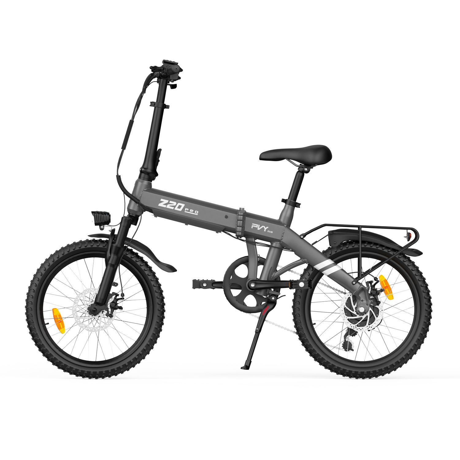E-bike pieghevole grigio con sella, manubrio e pneumatici neri. Portapacchi posteriore. Logo PVY.