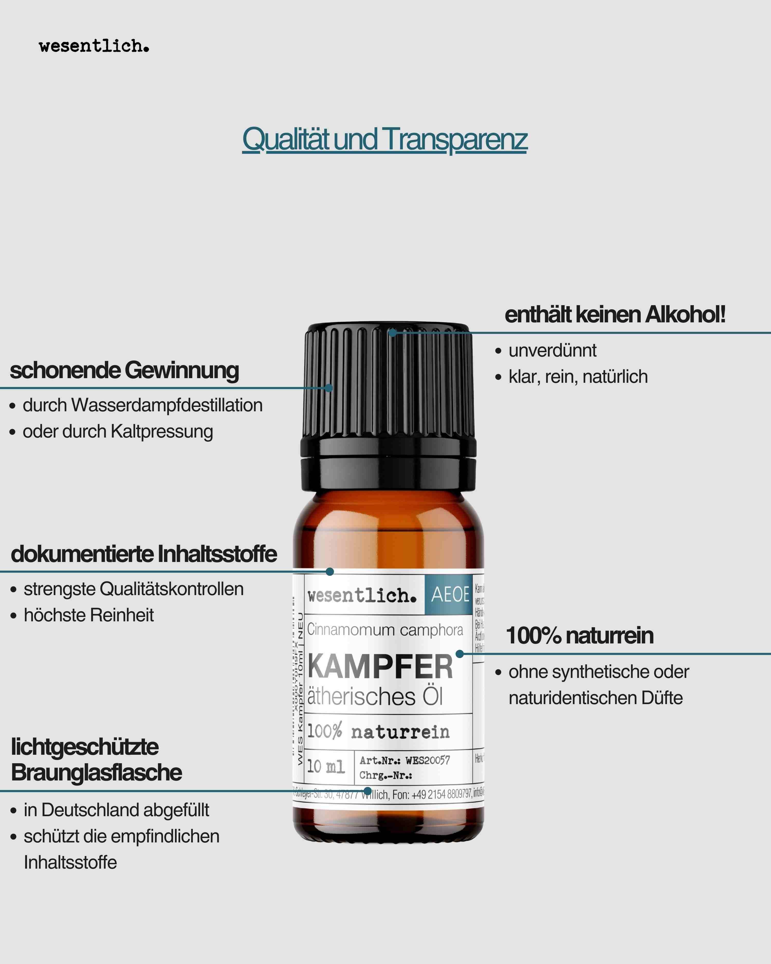 Flacone di olio di canfora: estrazione delicata, ingredienti documentati, 100% naturale, flacone in vetro marrone.