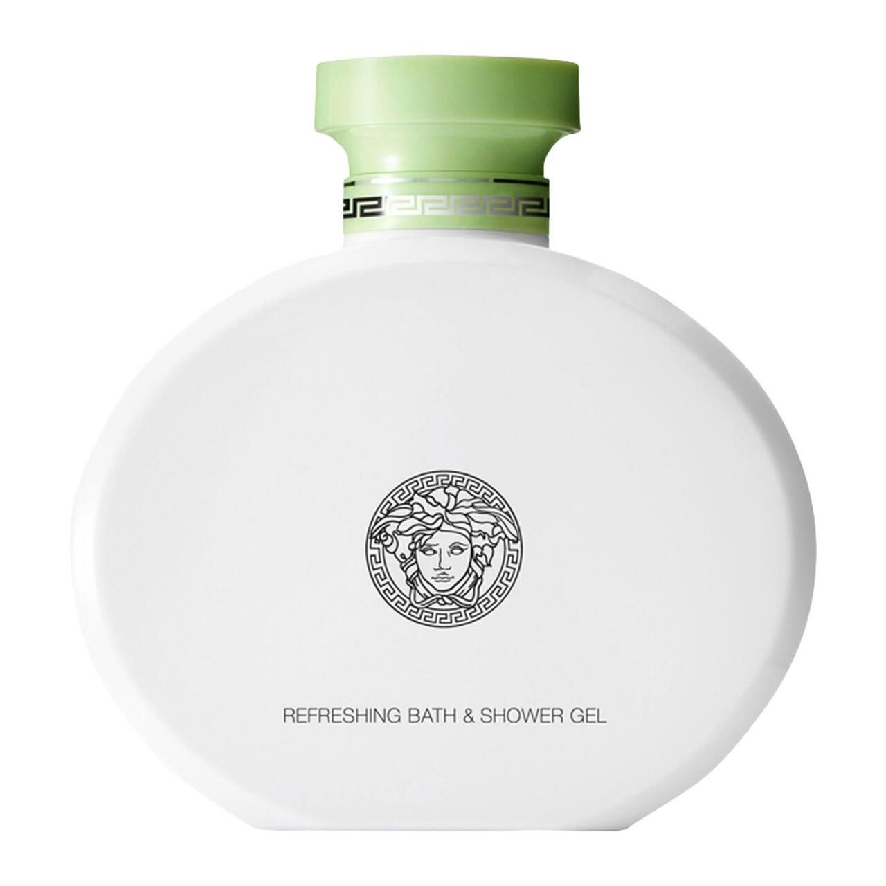 Flacone ovale bianco con logo Medusa e tappo verde. Bagnoschiuma rinfrescante.
