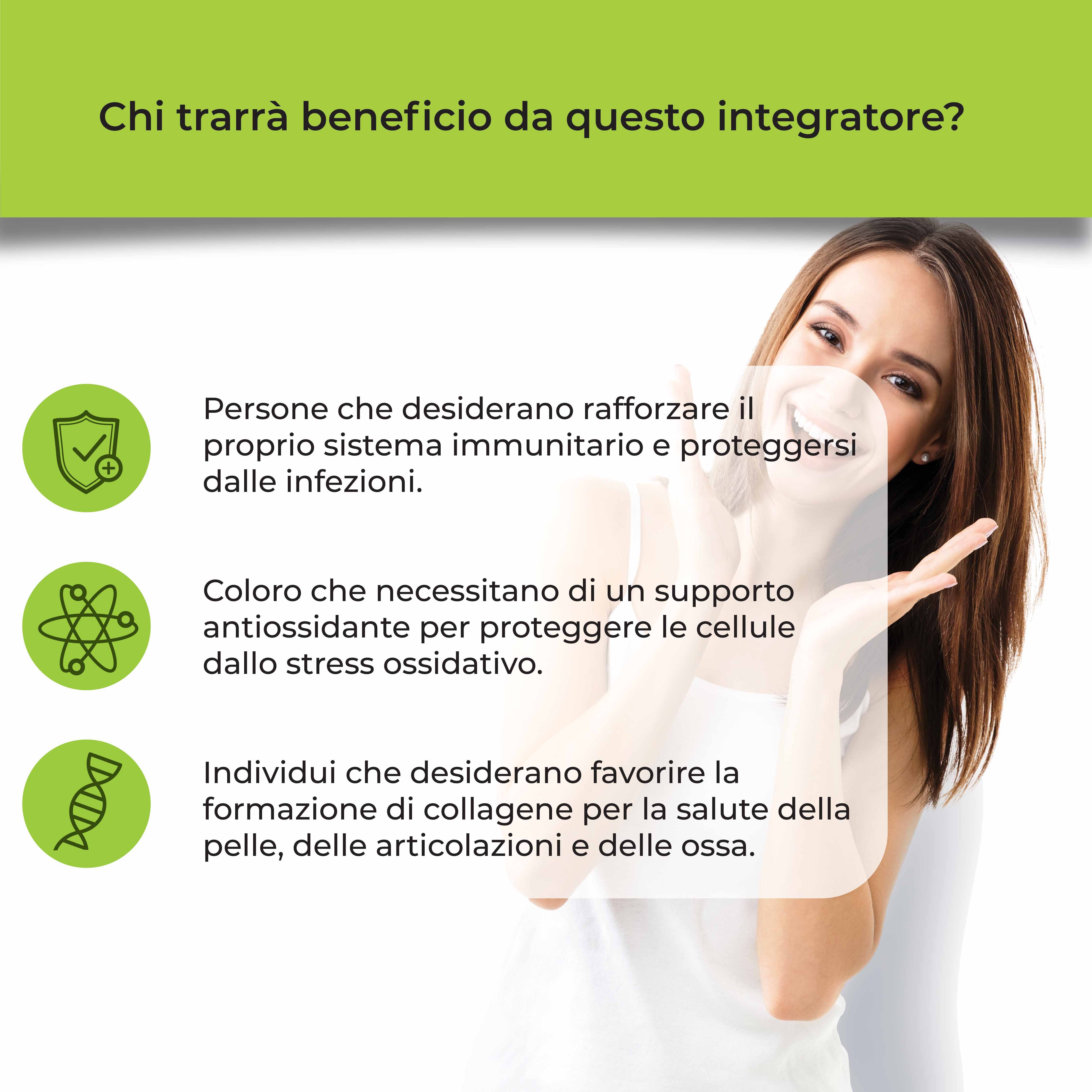 Donna sorridente. Testo: Chi ne trarrà beneficio? Persone che desiderano rafforzare il sistema immunitario, protezione cellulare, collagene.