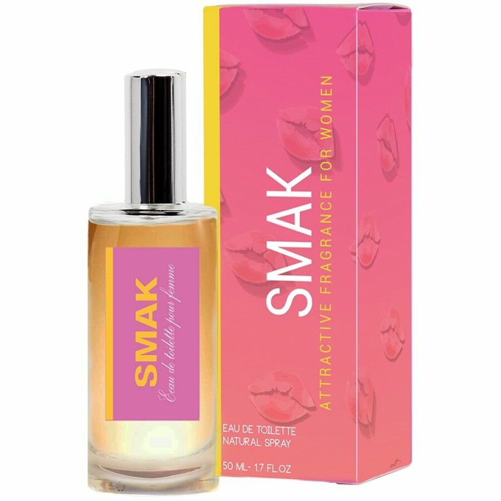 Flacone di profumo e confezione. Flacone con tappo argentato ed etichetta rosa. Confezione rosa con motivo labbra. Scritta: SMAK.