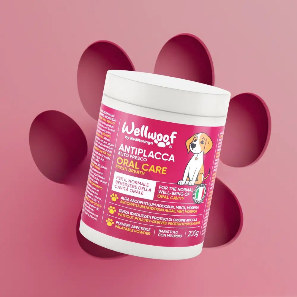 Prodotto: WellWoof Oral Care. Barattolo con testo: Antiplacca, alito fresco. 200g. Su sfondo rosa con impronte di zampe.