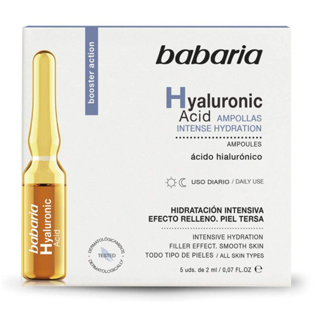 Confezione di Babaria Ampolle Acido Ialuronico. Un'ampolla visibile. Scritta: Hyaluronic Acid, Intense Hydration.