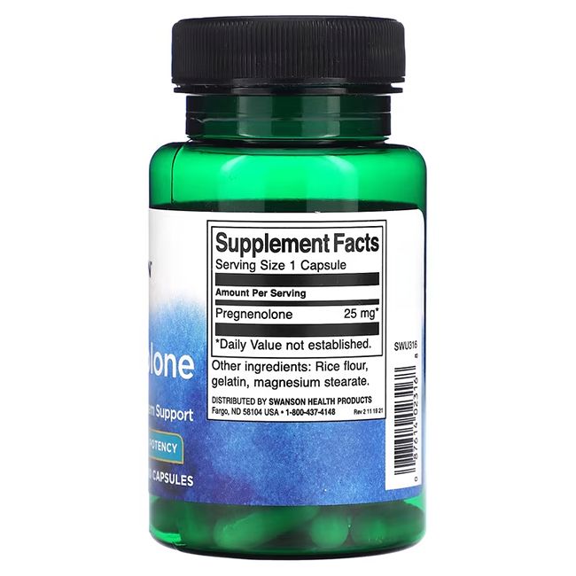 Flacone verde con tappo nero. Retro con etichetta: Supplement Facts, Pregnenolone 25 mg.