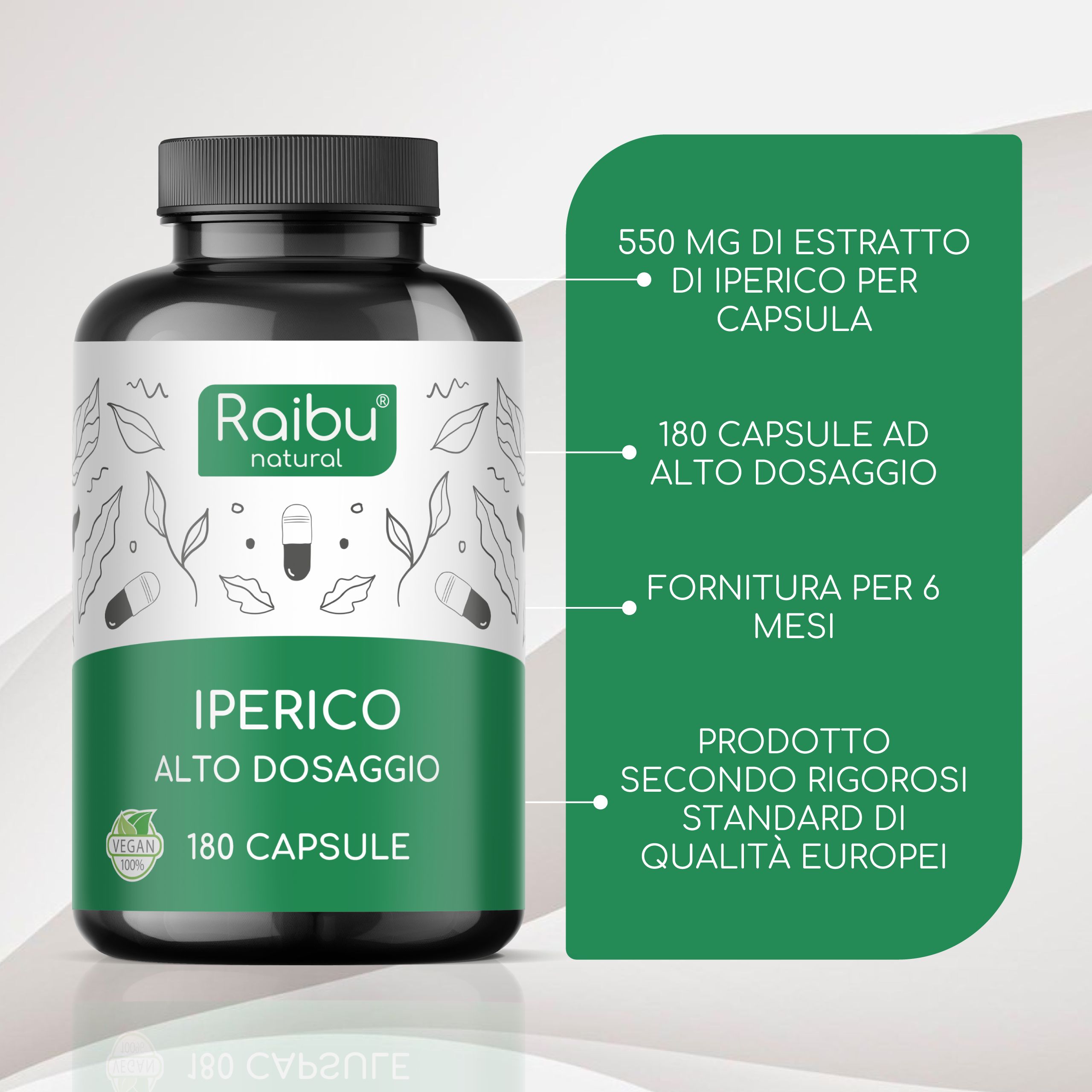 Flacone con etichetta verde. Testo: Iperico Alto Dosaggio, 180 capsule. Sigillo vegano. 180 capsule, fornitura per 6 mesi.