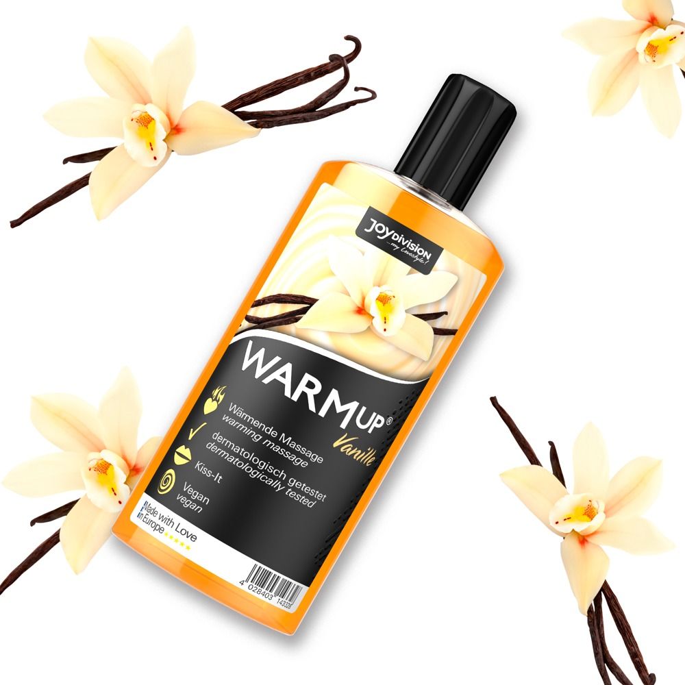 Flacone WARMUP Vaniglia Massage-Liquid con fiore e baccelli di vaniglia.