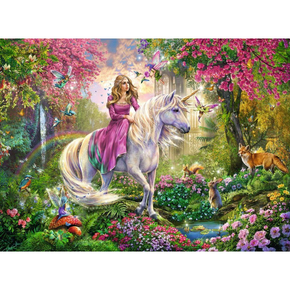 Motivo puzzle: ragazza su unicorno in un paesaggio forestale. Scene con fiori, animali e arcobaleno. Senza confezione.