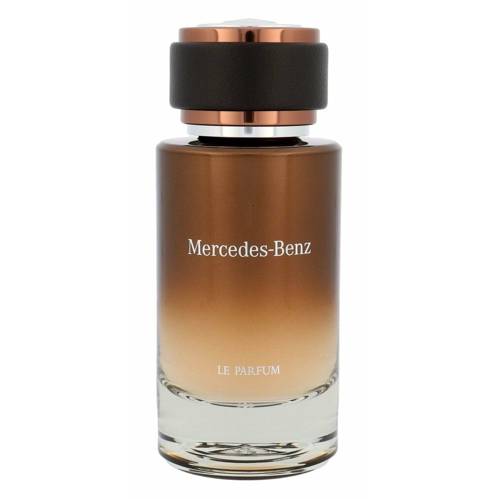 Flacone di profumo con sfumatura marrone. Tappo color rame. Scritta: Mercedes-Benz, LE PARFUM. Flacone in vetro.