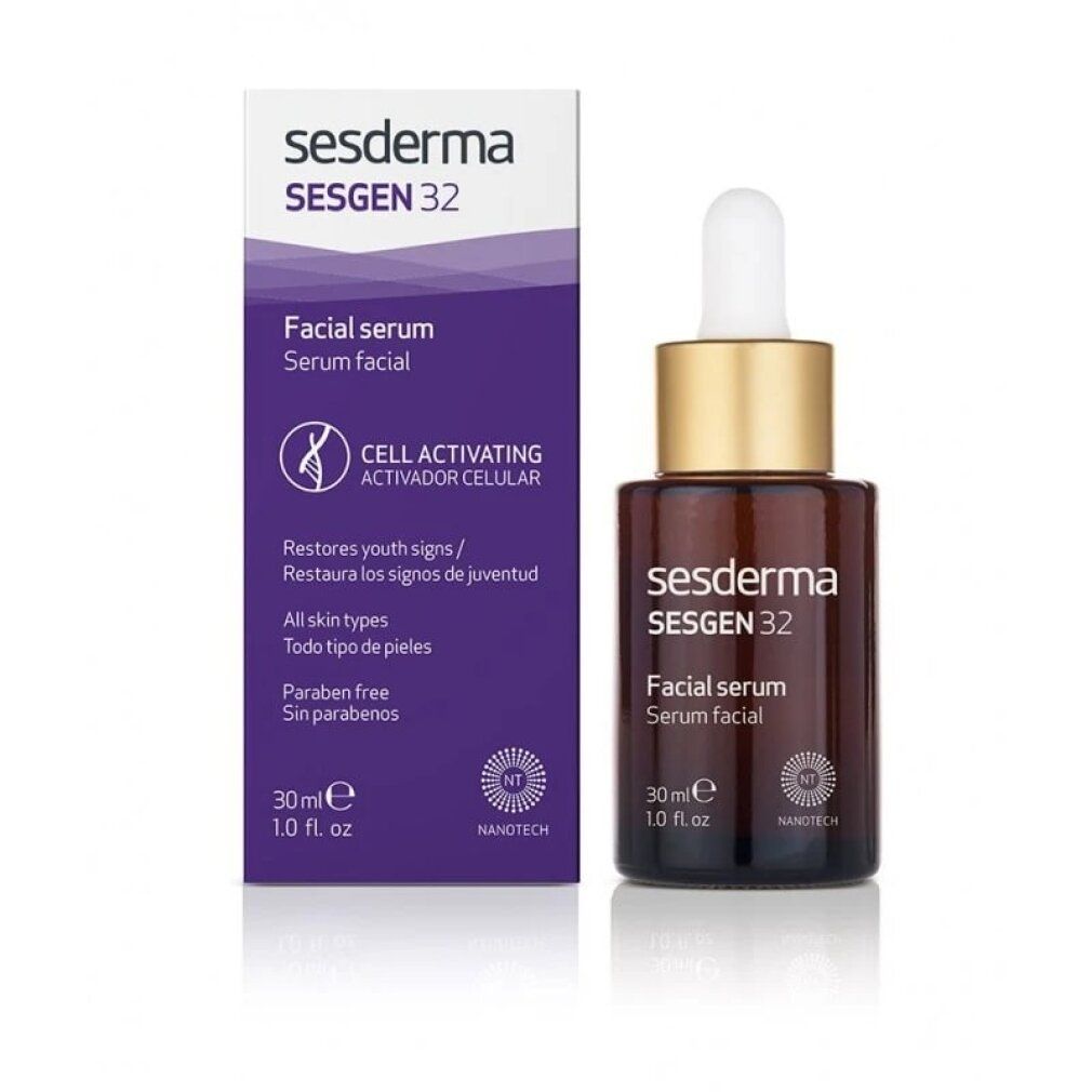 Flacone in vetro marrone con pipetta e scatola. Scritto: Sesgen 32, Siero viso. Attivazione cellulare.