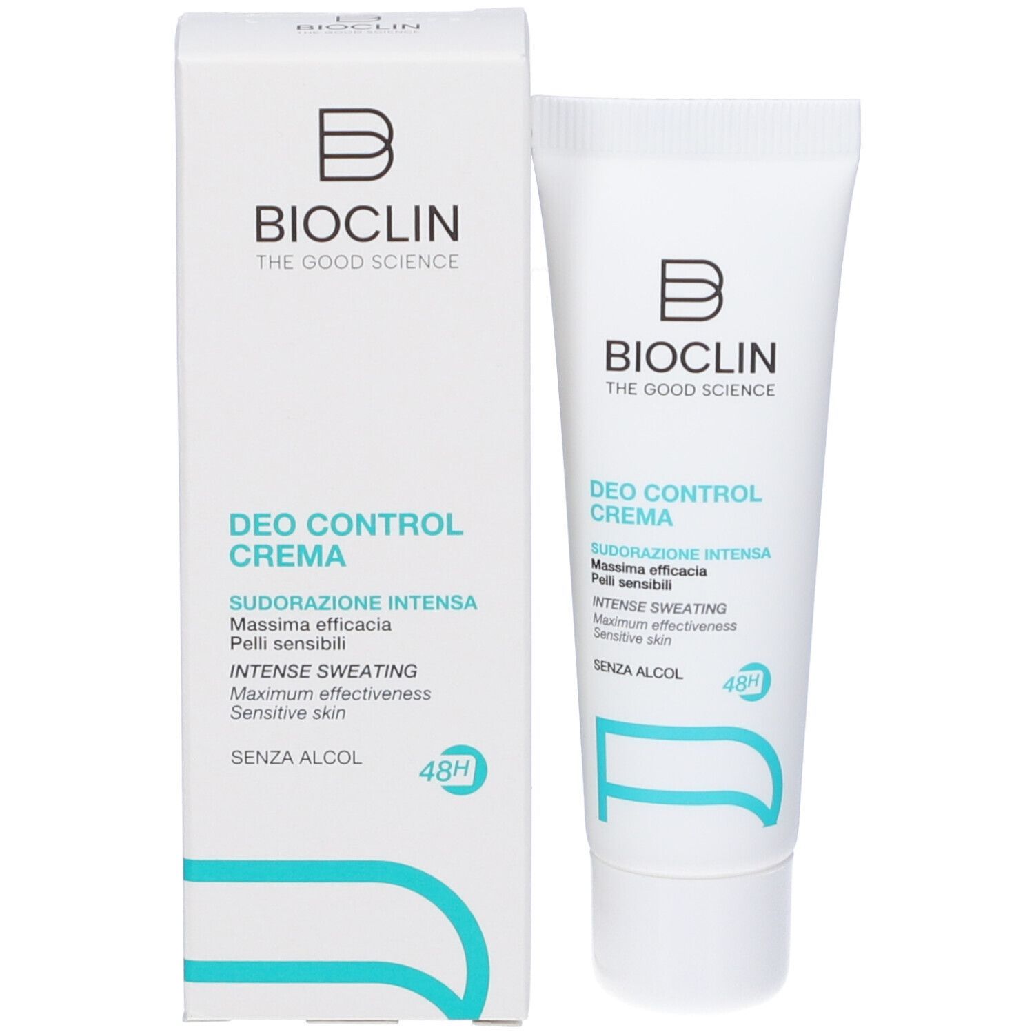 Tubo e scatola Bioclin Deo Control Crema, entrambi con informazioni sulla sudorazione intensa.