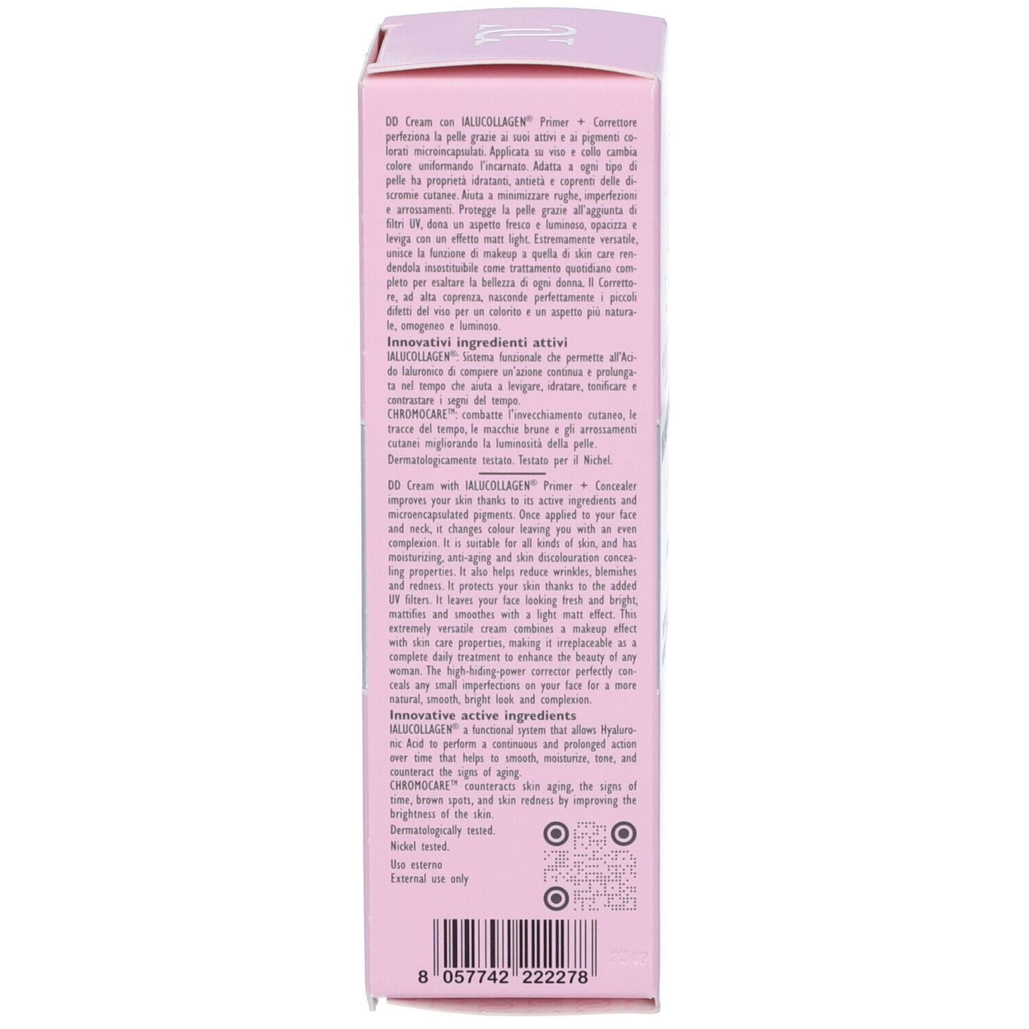 Retro della confezione. Testo: Istruzioni per l'uso, ingredienti. Solo per uso esterno. Codice QR.