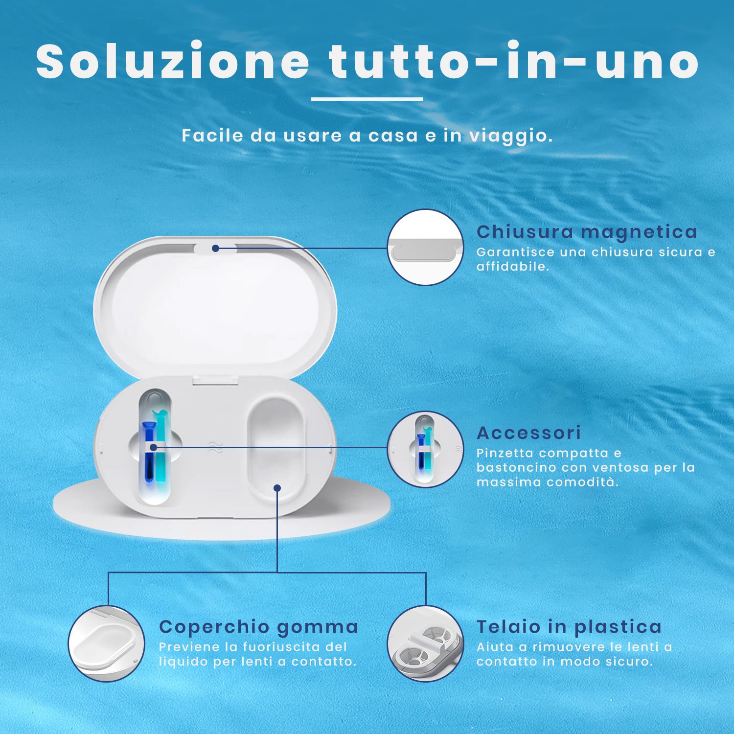 Dispositivo di pulizia per lenti a contatto bianco aperto. Include accessori. Chiusura magnetica e coperchio in gomma.