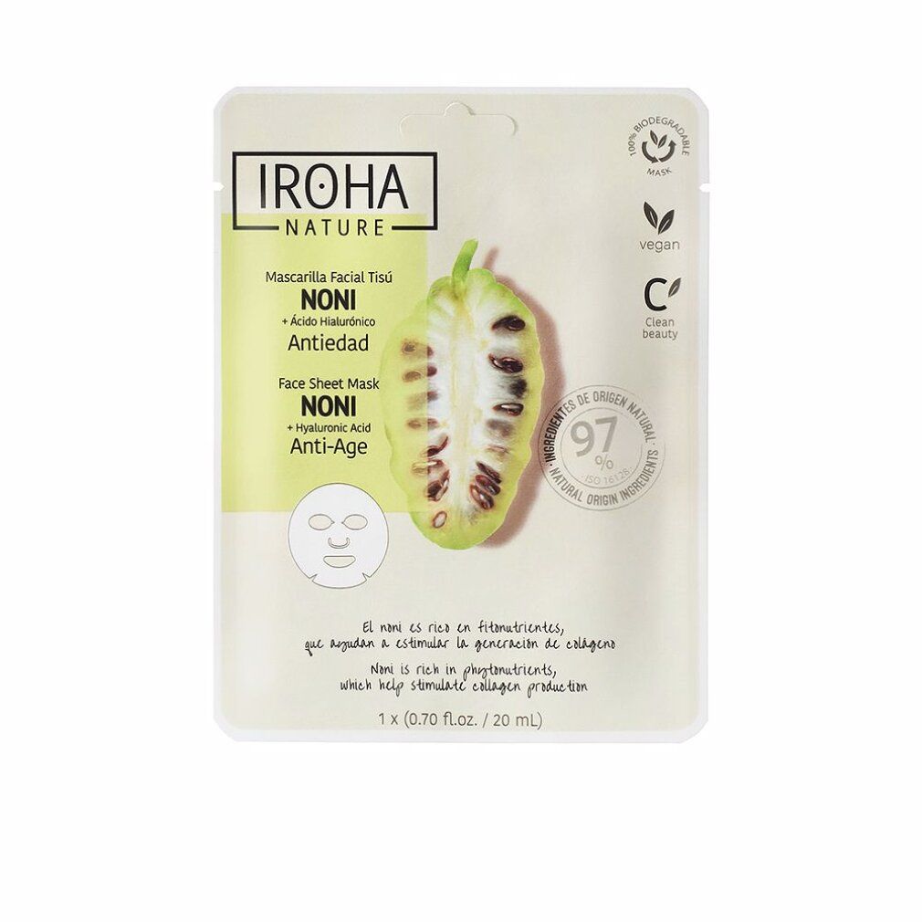 Maschera viso con Noni e acido ialuronico. Confezione con nome del prodotto, ingredienti e certificazioni. Vegan, Clean Beauty.
