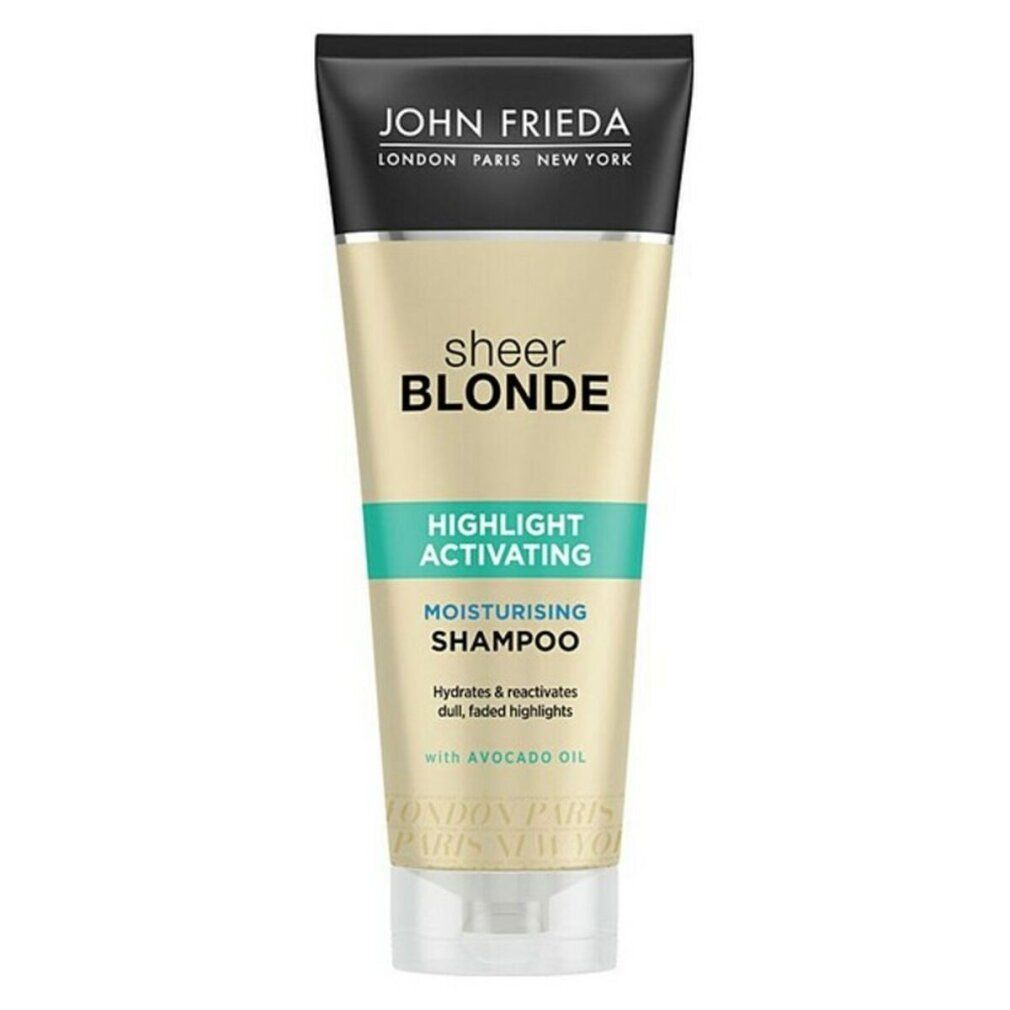 Tubo di shampoo John Frieda Sheer Blonde. Tappo nero, corpo dorato, dettagli verdi. Scritta: Highlight Activating Moisturising Shampoo.