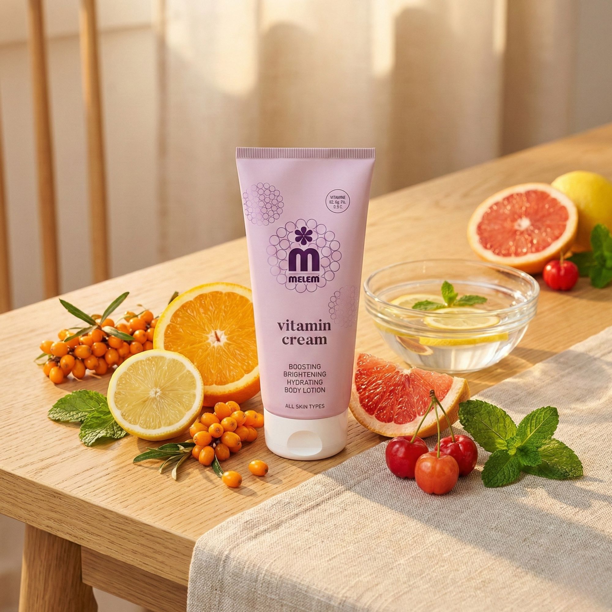 Tubo rosa con tappo bianco. Scritta: Melem Vitamin Cream. Circondato da frutta: arancia, limone, pompelmo, ciliegie, olivello spinoso.