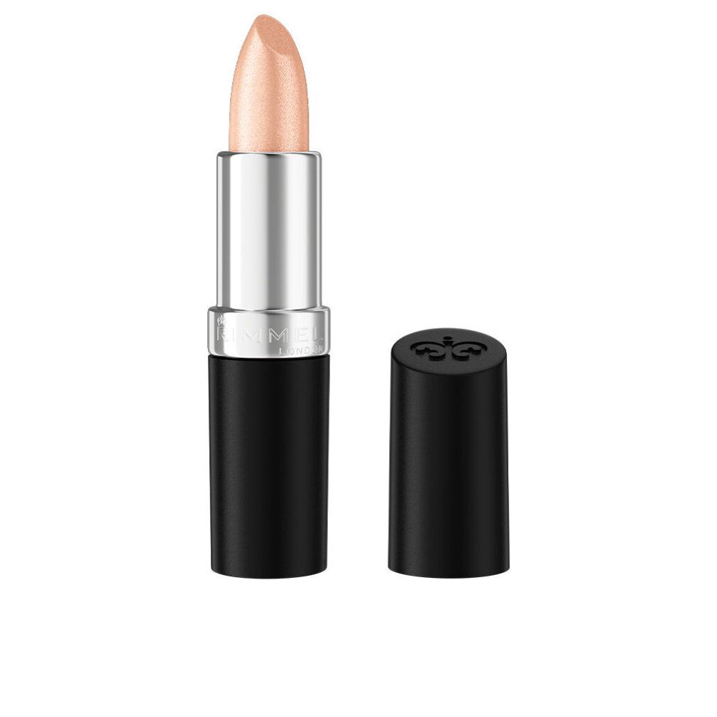 Rossetto Rimmel, astuccio nero, tubo argento. Aperto, stick visibile. Tappo accanto. Scritta: Rimmel.