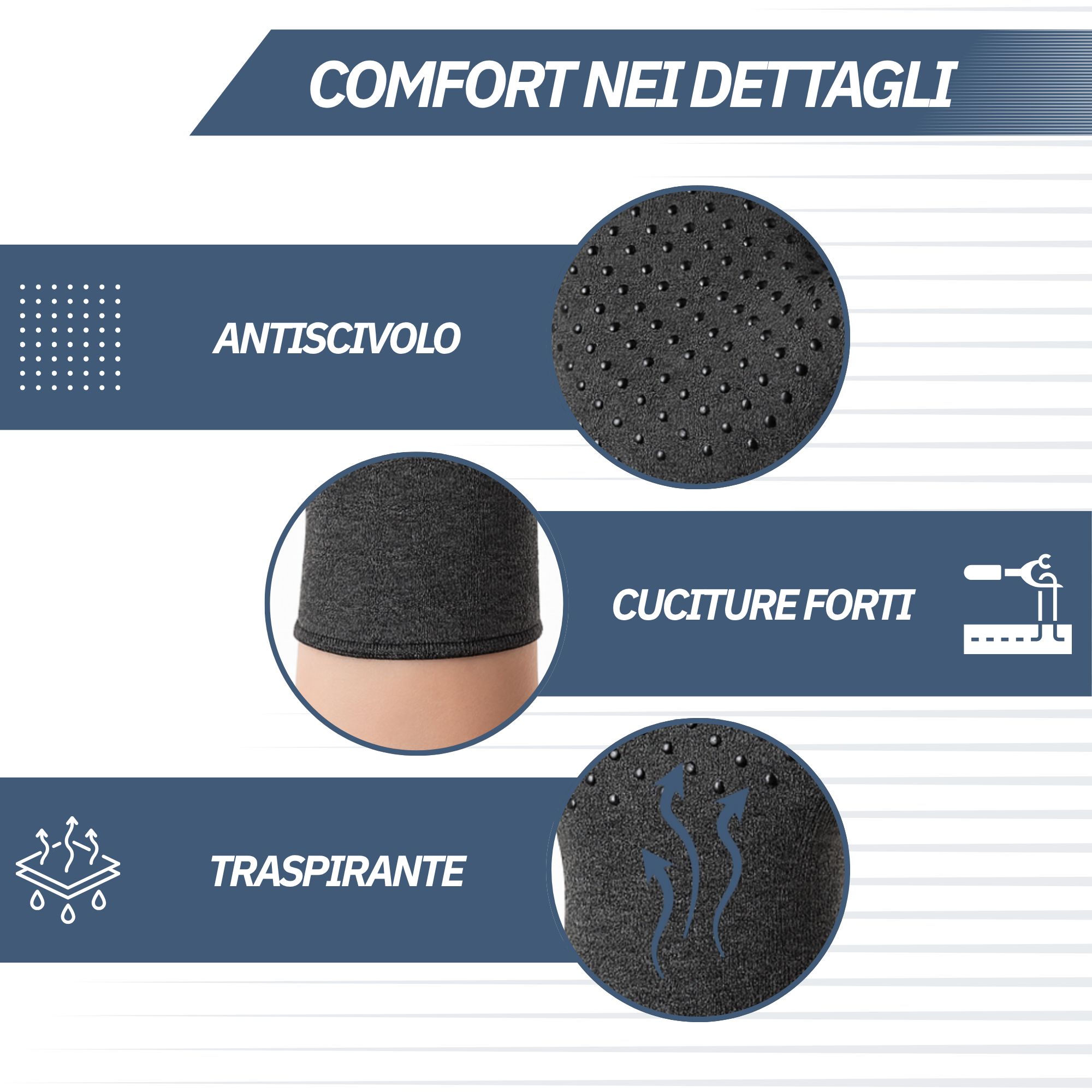 Vista dettagliata di un guanto a compressione: antiscivolo, cuciture forti, traspirante.