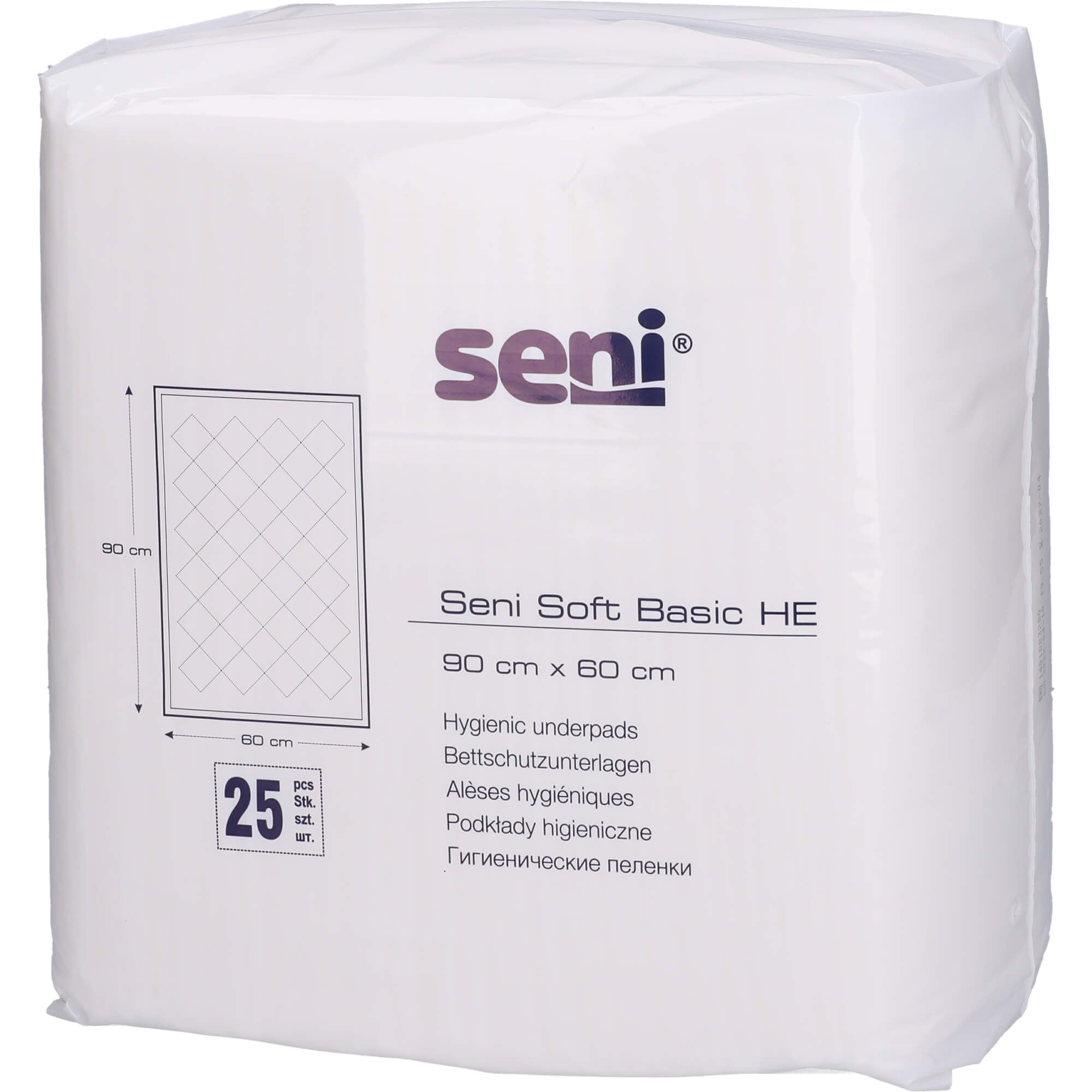 Confezione di SENI Soft Basic HE, protezione per letto. 25 pezzi. Dimensioni: 90 x 60 cm. Assorbenti igienici. Marchio SENI.
