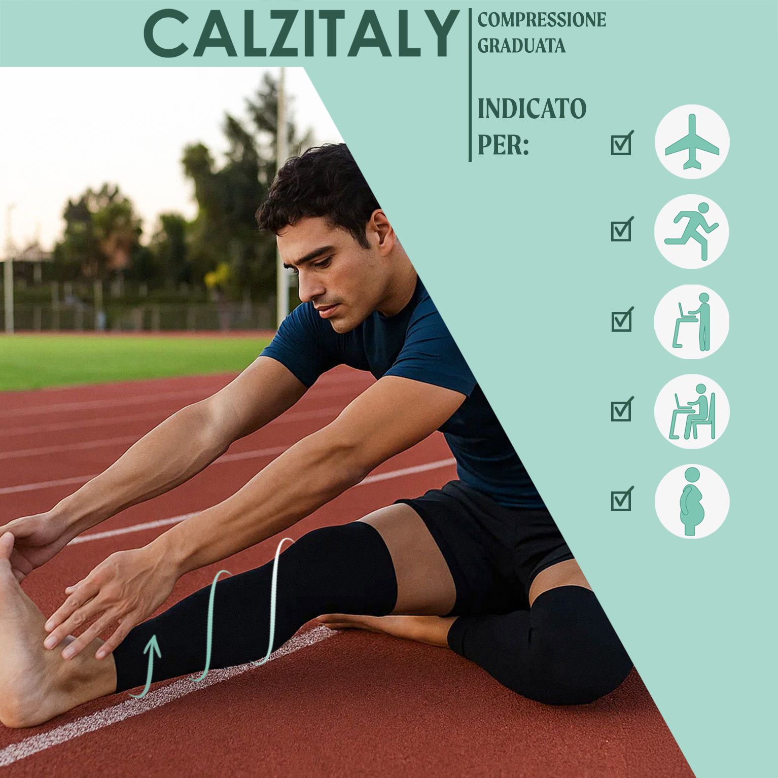 Uomo che si allunga con gambali neri su pista. Adatto per: