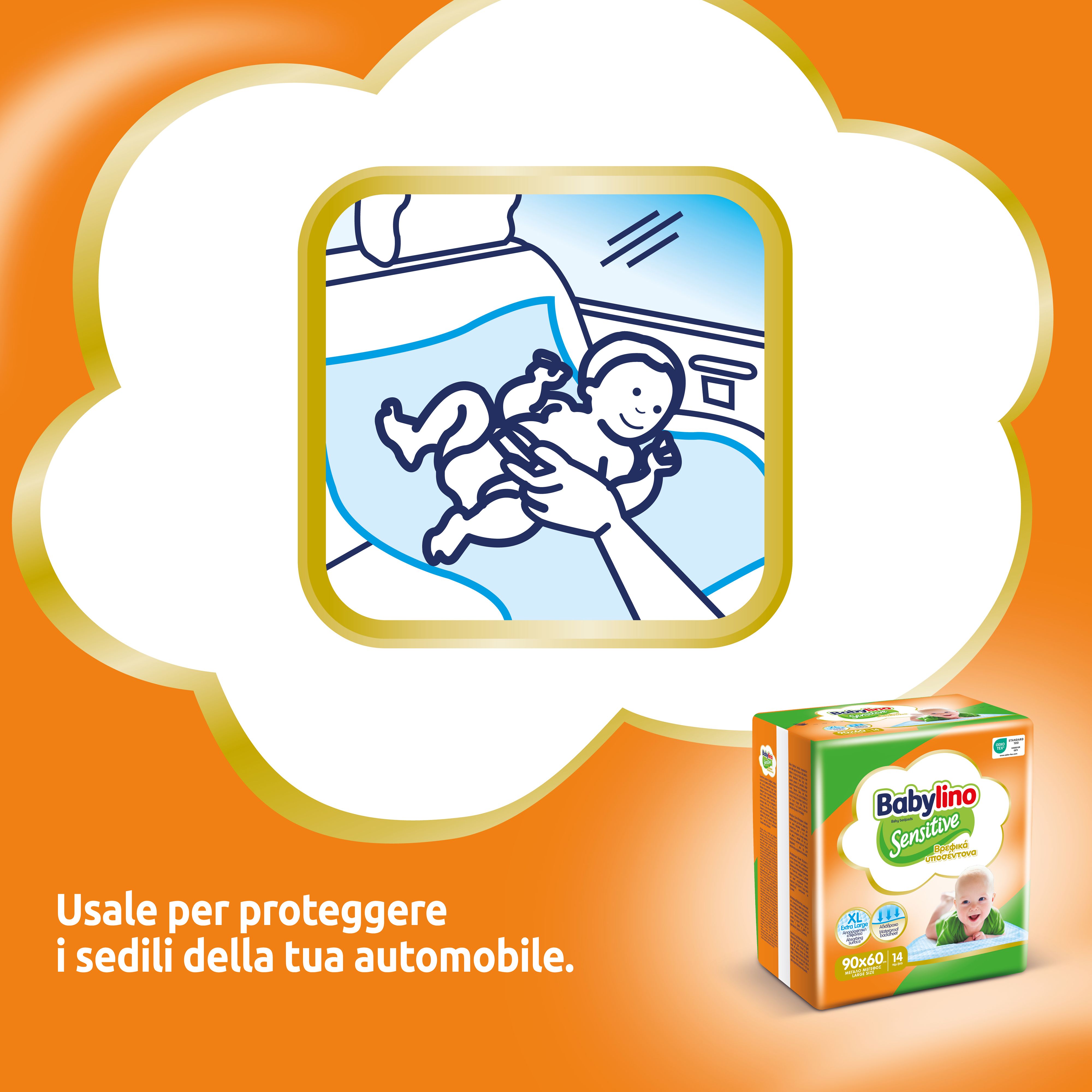 Illustrazione: bambino cambiato su traversina in auto. Confezione Babylino Sensitive sullo sfondo.