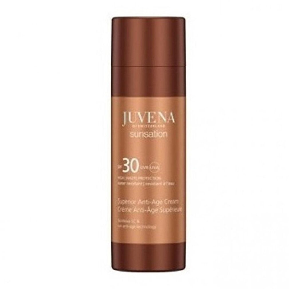 Flacone marrone. Scritta: Juvena Sunsation, SPF 30, Superior Anti-Age Cream. Resistente all'acqua.