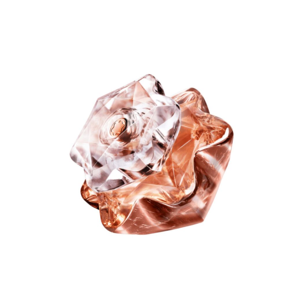 Flacone di profumo in vetro rosa-oro, a forma di stella. Tappo trasparente. Su sfondo bianco.