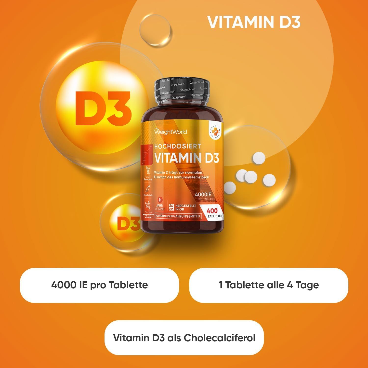 Flacone marrone di vitamina D3. Testo: 4000 UI per compressa. 1 compressa ogni 4 giorni. Vitamina D3.