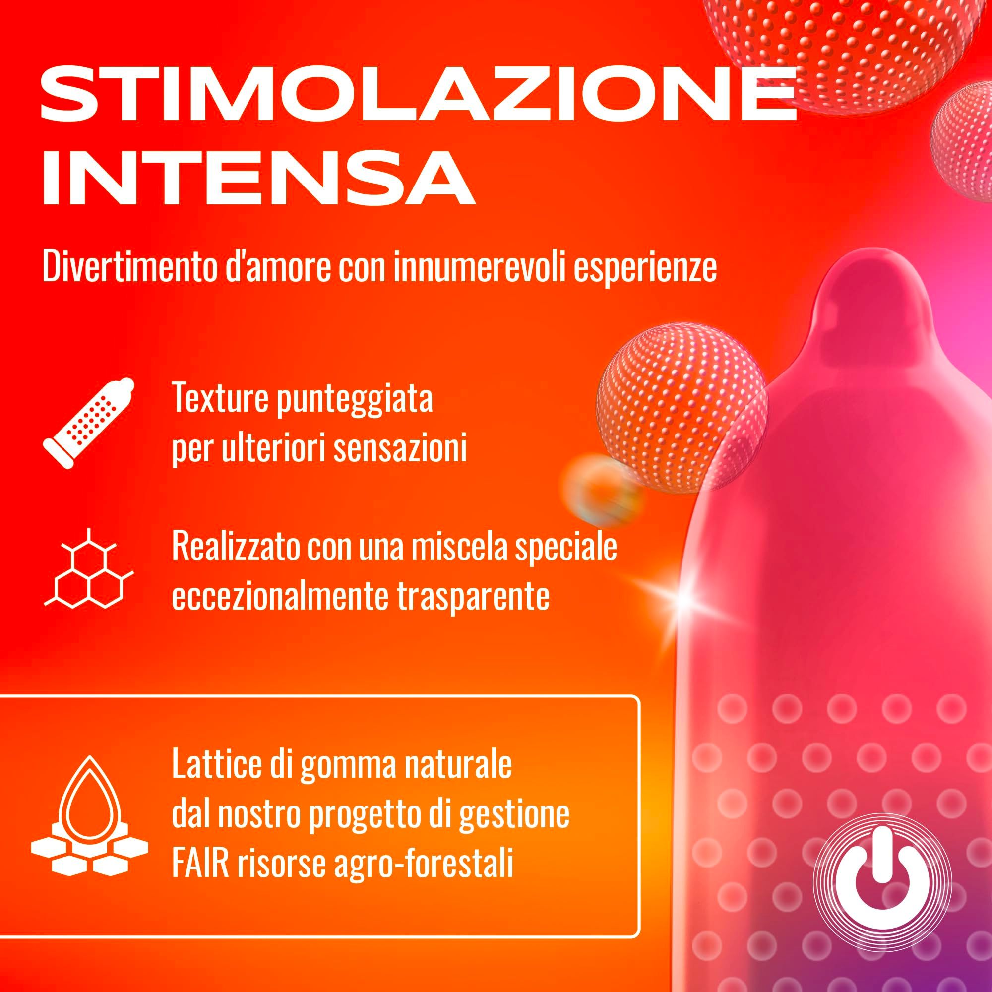 Preservativo in lattice naturale, trasparente, con texture puntinata per stimolazione.