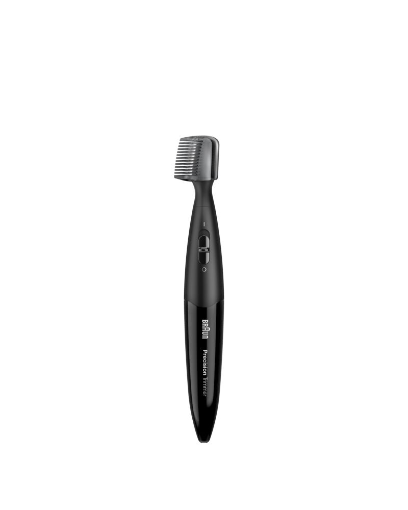 Trimmer di precisione nero con pettine. Marchio Braun, modello PT5010. "Precision Trimmer" è scritto sul trimmer.