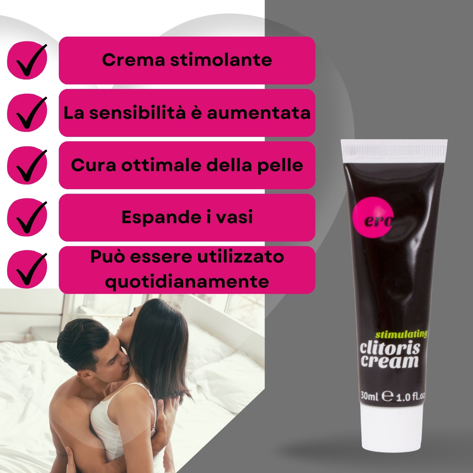 Coppia a letto. Scatola e tubo di crema. Testo: stimulating clitoris cream. 30ml, 1.0fl.oz. Accenti rosa.