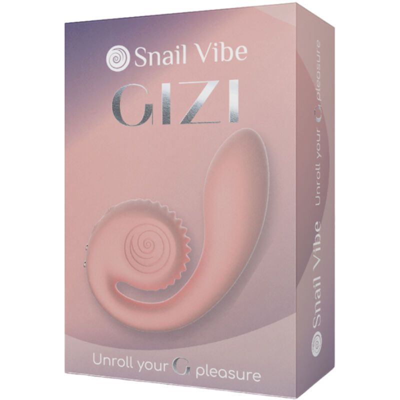 Confezione di Snail Vibe Gizi. Scatola rosa con immagine del prodotto. Logo e testo: Unroll your pleasure.
