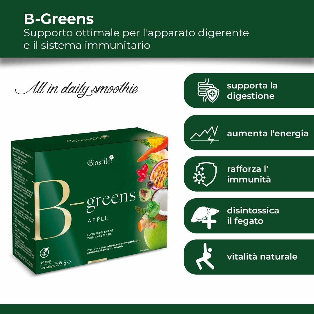 Scatola verde "B-greens" con testo e icone. Supporta la digestione e il sistema immunitario.