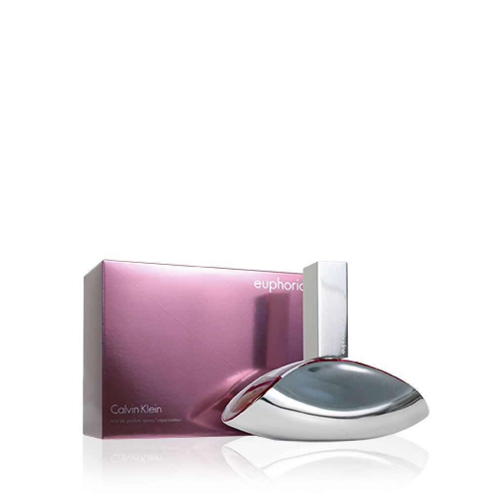 Flacone e confezione. Flacone argentato, tappo rettangolare, confezione rosa. Calvin Klein ed Euphoria.