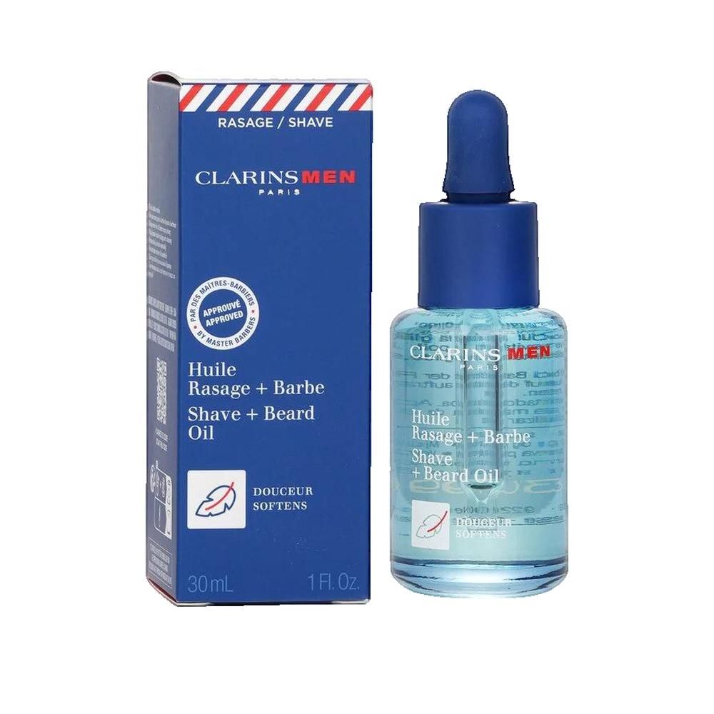 Flacone e confezione blu. Flacone con pipetta, tappo blu. Confezione con testo: Clarins Men, Huile Rasage + Barbe, 30 ml, 1 fl.oz.