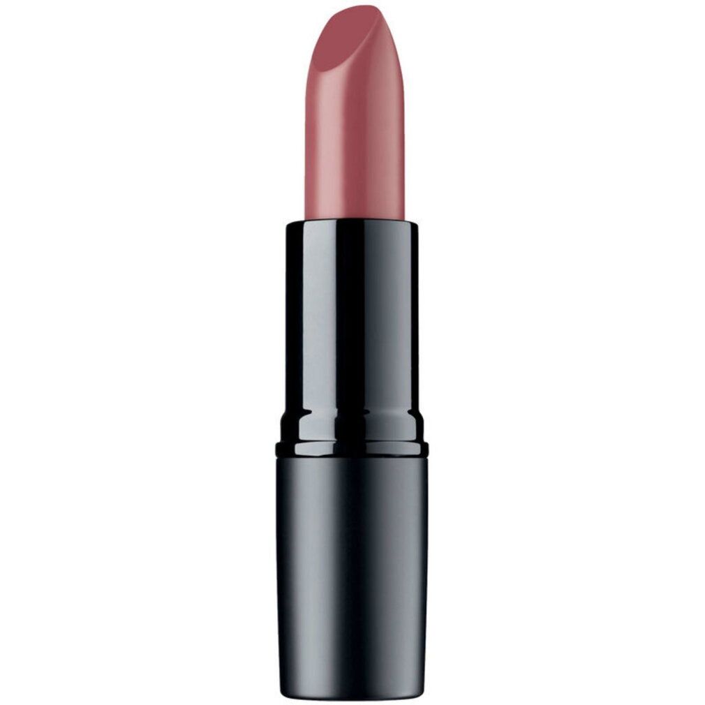 Un rossetto opaco color rosa in un astuccio nero.