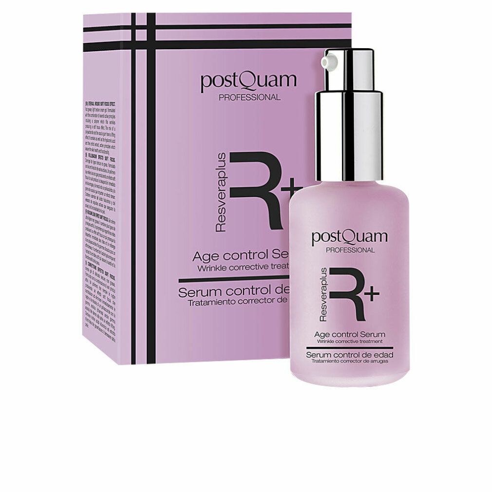 Flacone rosa con vaporizzatore e confezione. Scritta: Postquam Resveraplus Age control Serum. Trattamento correttivo rughe.