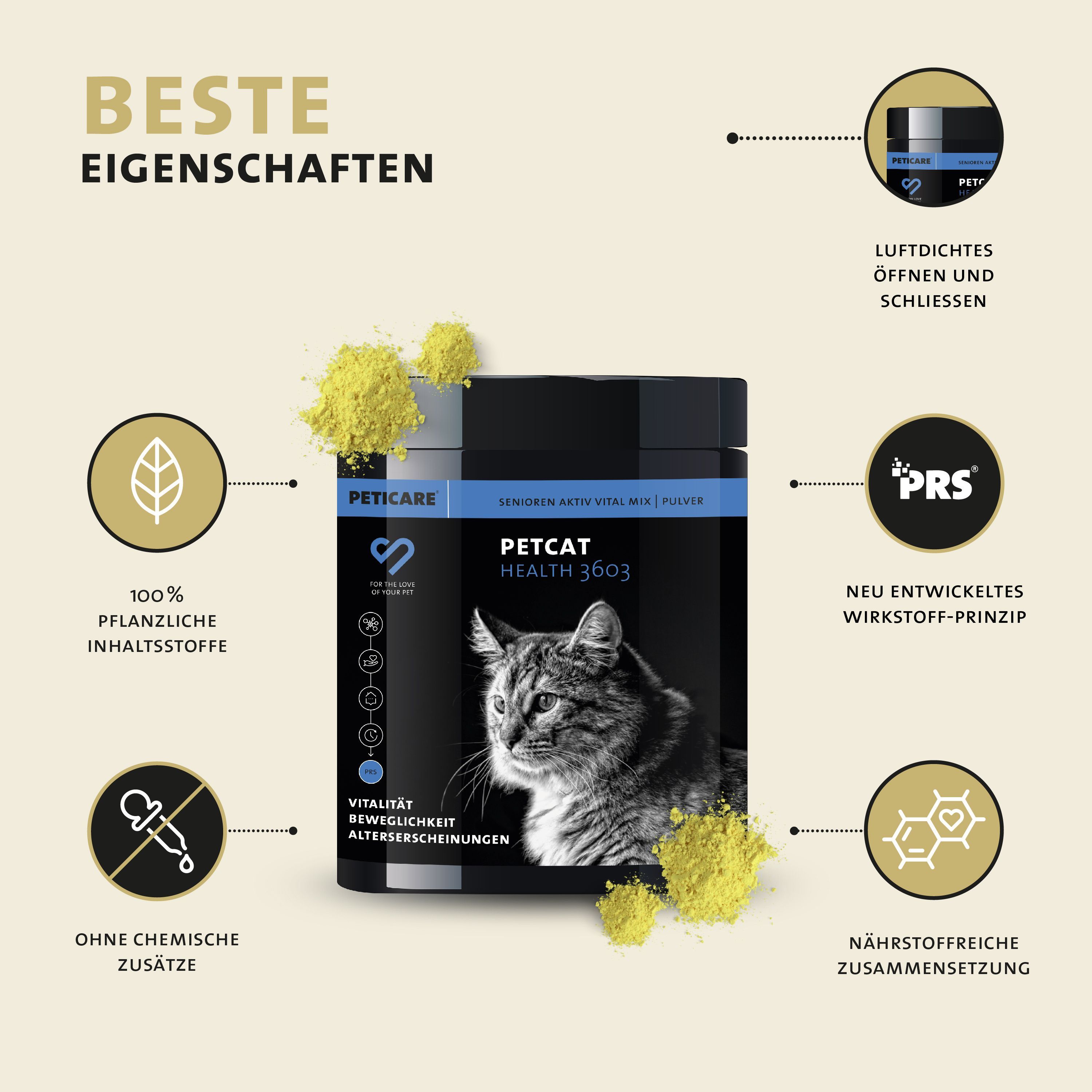 Barattolo Peticare Senioren Aktiv Vital Mix, circondato da polvere, con icone per ingredienti vegetali.