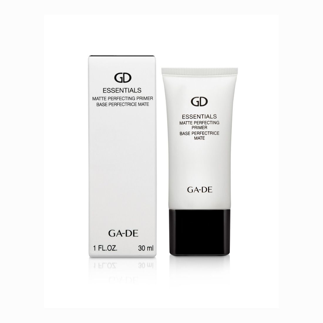 Ga-De Essentials Matte Perfecting Primer. Tubo e confezione. Testo: GD, Essentials, Base Perfectrice Mate. Marchio: Ga-De. Volume: 30 ml.