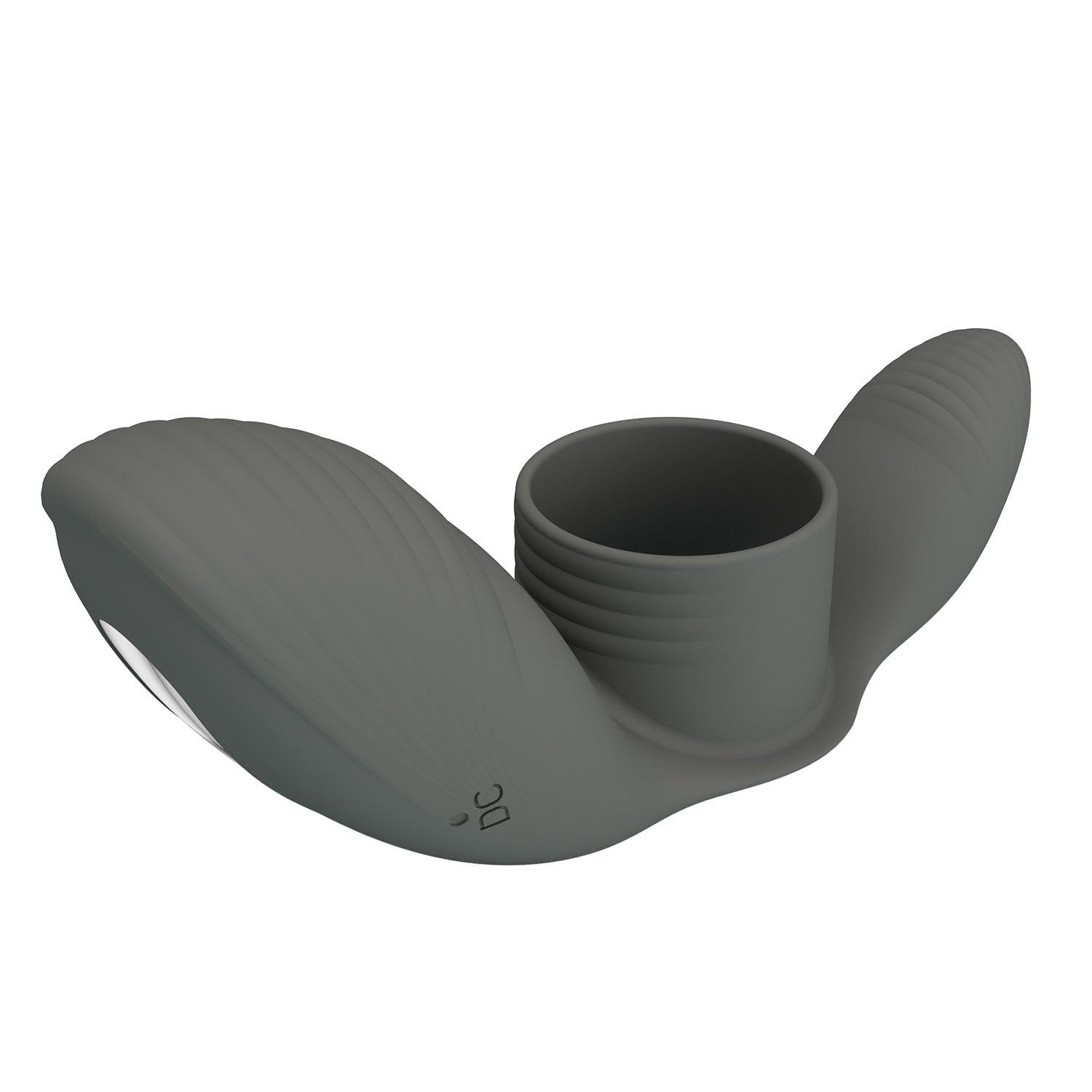 Anello grigio con superficie scanalata. Vista laterale.