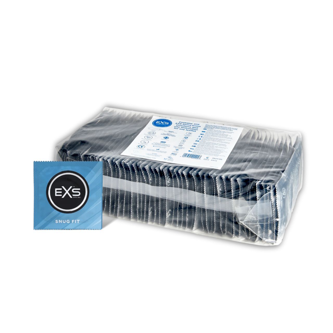 Confezione di molti preservativi EXS Snug Fit, una confezione singola davanti. Imballaggio esterno trasparente.