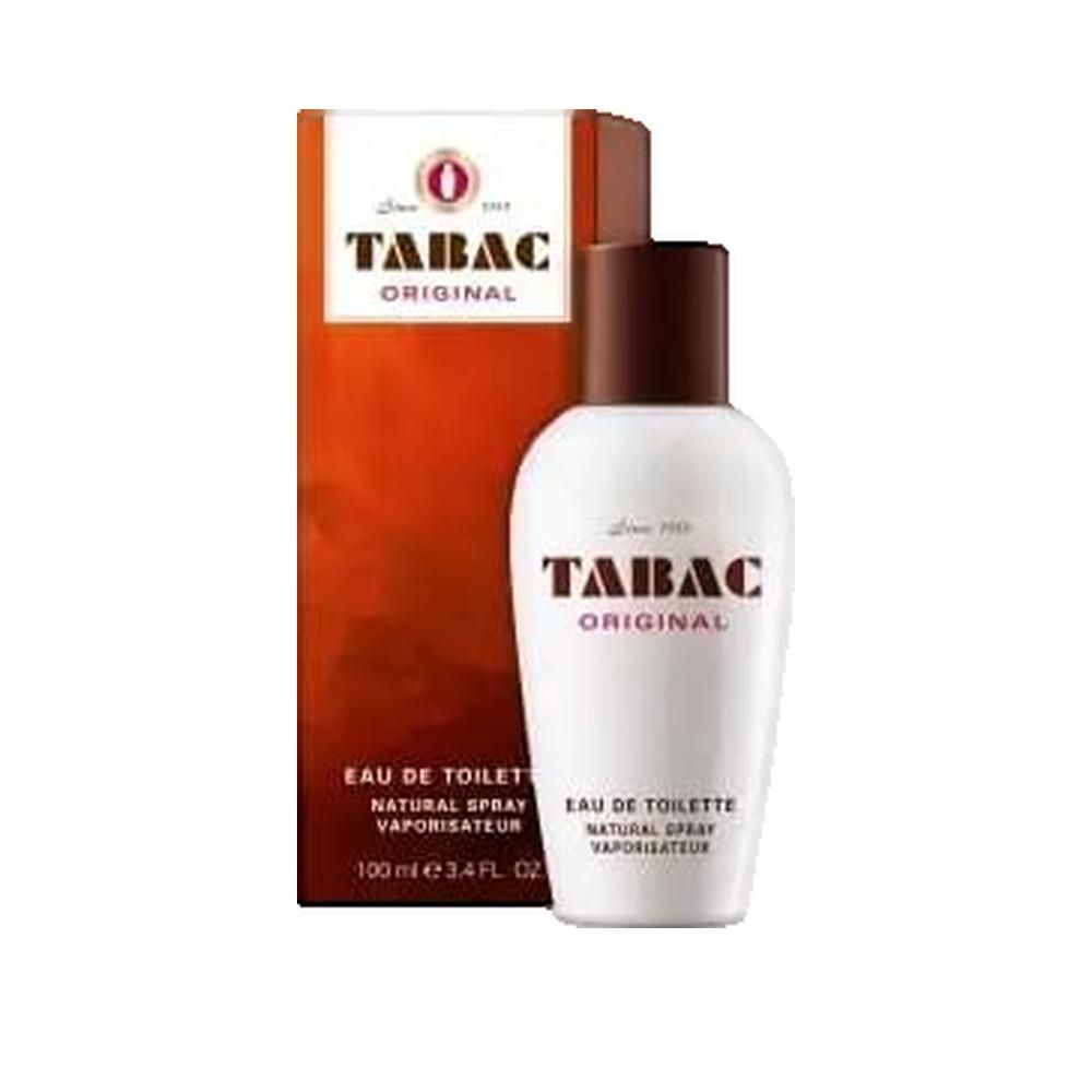 Tabac Original Eau de Toilette. Flacone bianco con tappo marrone e confezione. Testo: Tabac Original, Eau de Toilette.