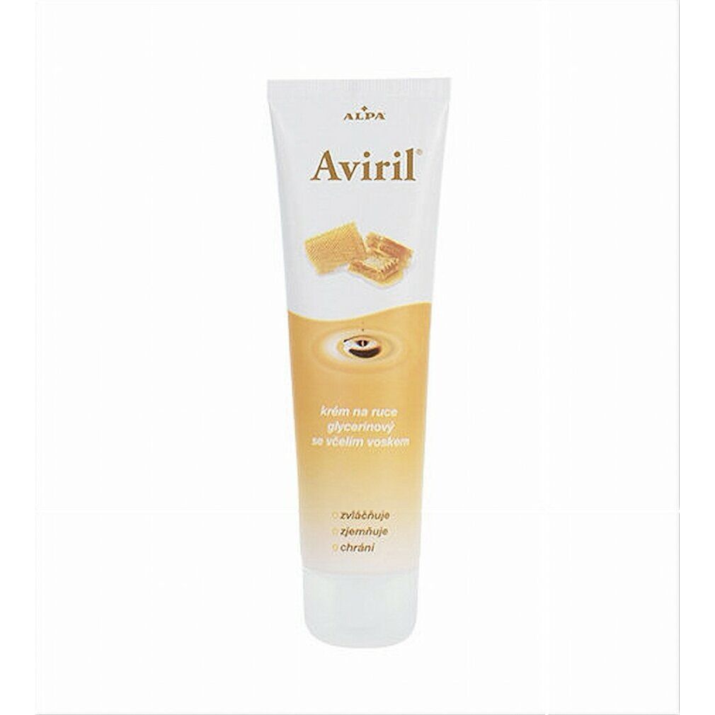 Tubo di crema Aviril. Scritta: crema mani alla glicerina e cera d'api. Tubo bianco con sfumatura gialla e illustrazione a nido d'ape.