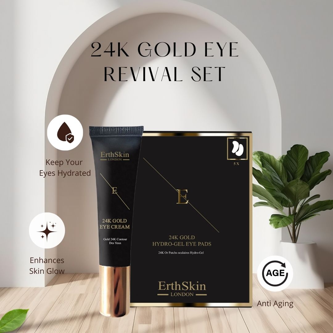 Set crema e patch occhi. Confezione nera con dettagli oro. Tubo e confezione con informazioni prodotto. Sfondo con piante.